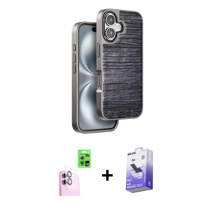 MARSİLYAN™- iPhone 16 Kılıf Atlas Minimal Özel Seri - Siyah Bilvis 5in1 5D Magic Hayalet Cam Ekran Koruyucu + Raze Metal Kamera Lens - PE