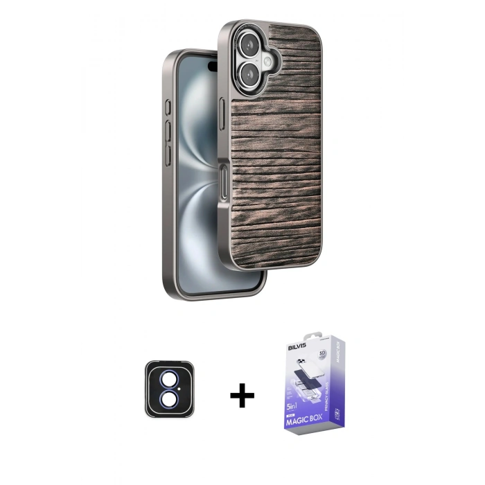 MARSİLYAN™- iPhone 16 Kılıf Atlas Minimal Özel Seri - Siyah Bilvis 5in1 5D Magic Hayalet Cam Ekran Koruyucu + PVD Metal Kamera Lens - MI