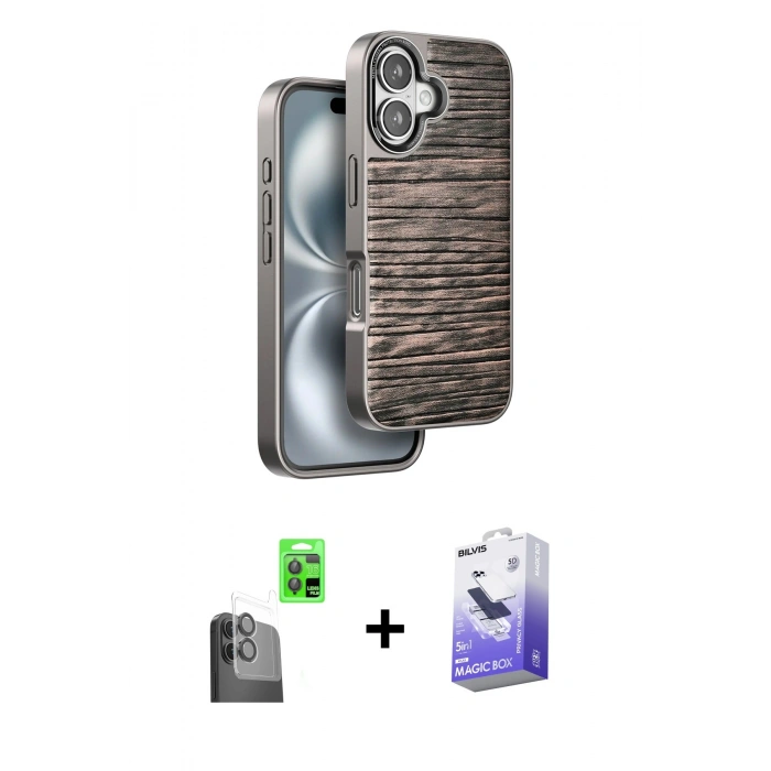 MARSİLYAN™- iPhone 16 Kılıf Atlas Minimal Özel Seri - Siyah Bilvis 5in1 5D Magic Hayalet Cam Ekran Koruyucu + Siyah Raze Metal Kamera Lens