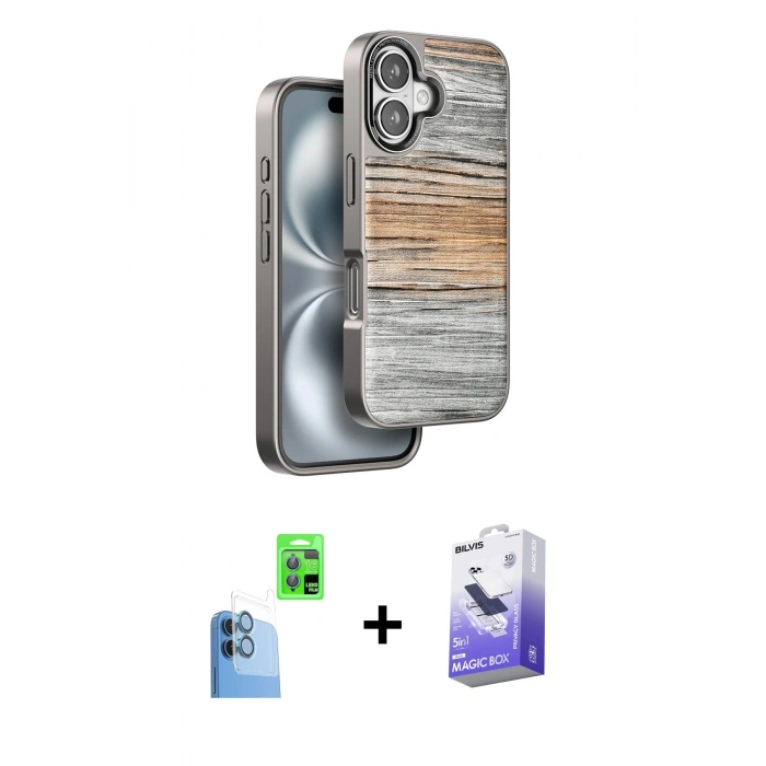 MARSİLYAN™- iPhone 16 Kılıf Atlas Minimal Özel Seri - Siyah Bilvis 5in1 5D Magic Hayalet Cam Ekran Koruyucu + Raze Metal Kamera Lens - LT