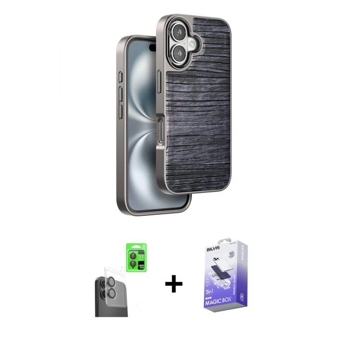 MARSİLYAN™- iPhone 16 Kılıf Atlas Minimal Özel Seri - Siyah Bilvis 5in1 5D Magic Hayalet Cam Ekran Koruyucu + Siyah Raze Metal Kamera Lens