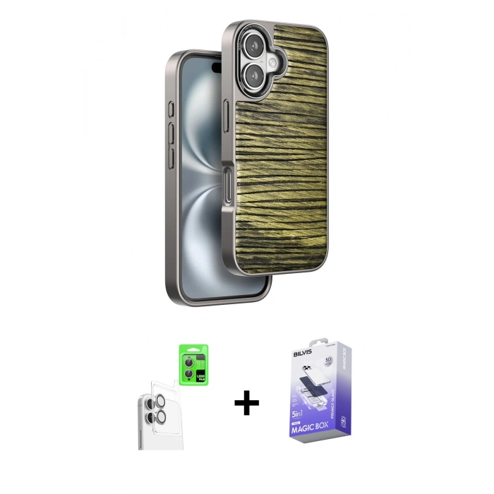 MARSİLYAN™- iPhone 16 Kılıf Atlas Minimal Özel Seri - Siyah Bilvis 5in1 5D Magic Hayalet Cam Ekran Koruyucu + Raze Metal Kamera Lens - BZ