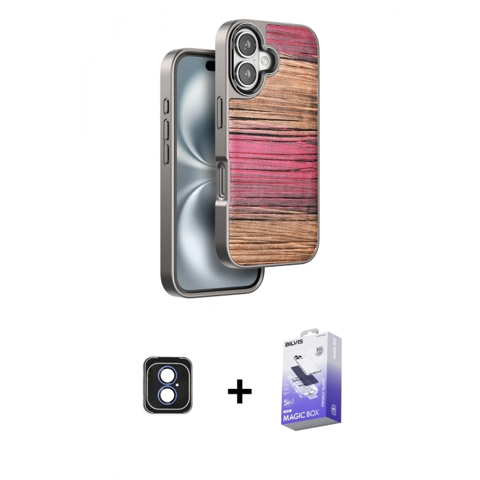 MARSİLYAN™- iPhone 16 Kılıf Atlas Minimal Özel Seri - Siyah Bilvis 5in1 5D Magic Hayalet Cam Ekran Koruyucu + PVD Metal Kamera Lens - MI