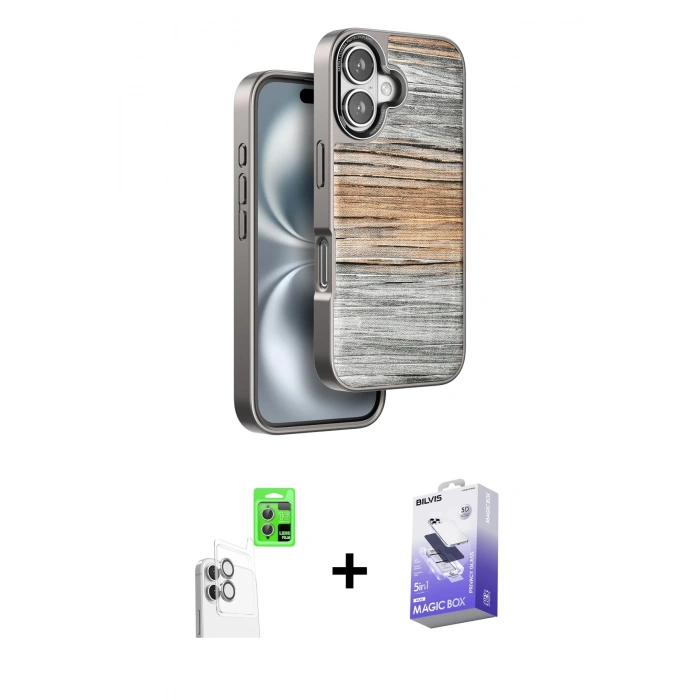 MARSİLYAN™- iPhone 16 Kılıf Atlas Minimal Özel Seri - Siyah Bilvis 5in1 5D Magic Hayalet Cam Ekran Koruyucu + Raze Metal Kamera Lens - BZ
