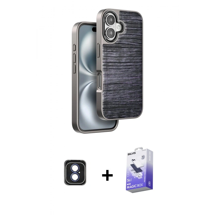 MARSİLYAN™- iPhone 16 Kılıf Atlas Minimal Özel Seri - Siyah Bilvis 5in1 5D Magic Hayalet Cam Ekran Koruyucu + PVD Metal Kamera Lens - MI