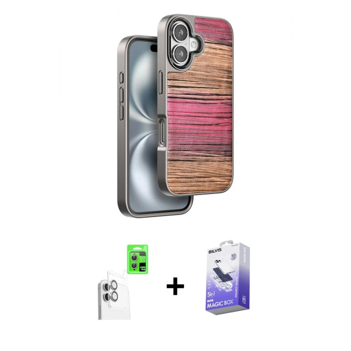 MARSİLYAN™- iPhone 16 Kılıf Atlas Minimal Özel Seri - Siyah Bilvis 5in1 5D Magic Hayalet Cam Ekran Koruyucu + Raze Metal Kamera Lens - BZ