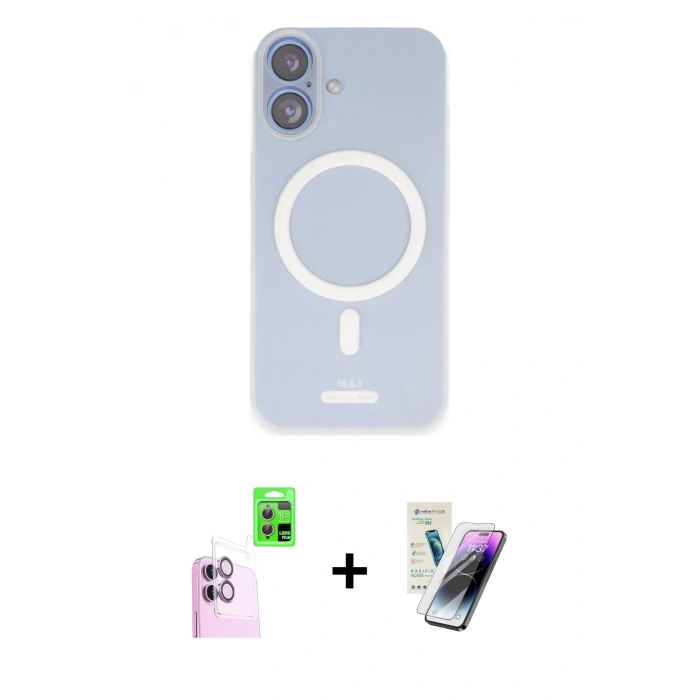 MARSİLYAN™- iPhone 16 Kılıf Çekirdek Klasik - Şeffaf Pasifik Cam Ekran Koruyucu + Raze Metal Kamera Lens - PE