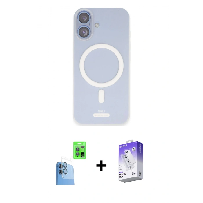 MARSİLYAN™- iPhone 16 Kılıf Çekirdek Klasik - Siyah Bilvis 5in1 3D Magic Cam Ekran Koruyucu + Lacivert Raze Metal Kamera Lens