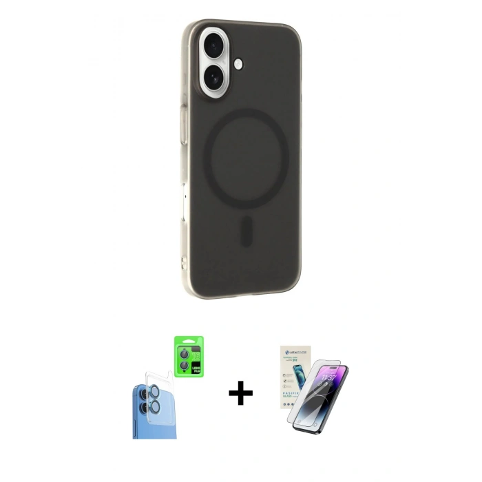 MARSİLYAN™- iPhone 16 Kılıf Çekirdek Modern Prime - Şeffaf Pasifik Cam Ekran Koruyucu + Raze Metal Kamera Lens - LT