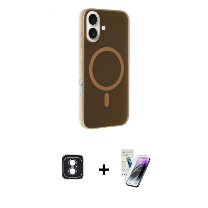 MARSİLYAN™- iPhone 16 Kılıf Çekirdek Modern Prime - Şeffaf Pasifik Cam Ekran Koruyucu + PVD Metal Kamera Lens - MI