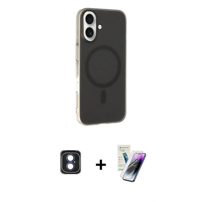 MARSİLYAN™- iPhone 16 Kılıf Çekirdek Modern Prime - Şeffaf Pasifik Cam Ekran Koruyucu + PVD Metal Kamera Lens - MI