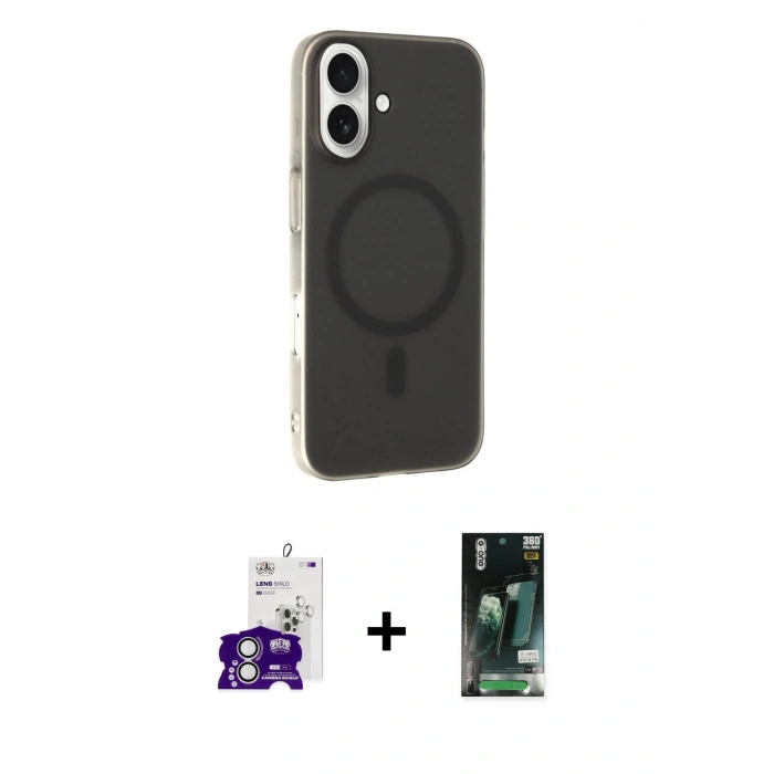 MARSİLYAN™- iPhone 16 Kılıf Çekirdek Modern Prime - Siyah 360 Mat Full Body Arka Koruyucu + Bilvis Titan Kamera Lens - GS