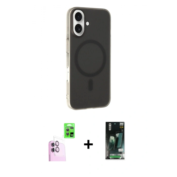 MARSİLYAN™- iPhone 16 Kılıf Çekirdek Modern Prime - Siyah 360 Mat Full Body Arka Koruyucu + Raze Metal Kamera Lens - PE