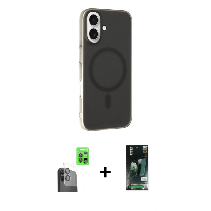 MARSİLYAN™- iPhone 16 Kılıf Çekirdek Modern Prime - Siyah 360 Mat Full Body Arka Koruyucu + Raze Metal Kamera Lens - SH