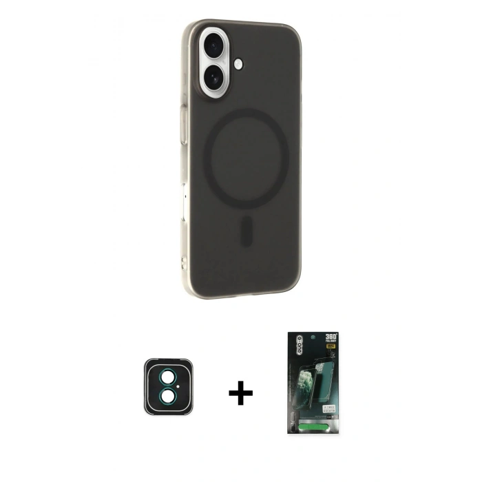 MARSİLYAN™- iPhone 16 Kılıf Çekirdek Modern Prime - Siyah 360 Mat Full Body Arka Koruyucu + PVD Metal Kamera Lens - YL