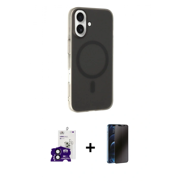 MARSİLYAN™- iPhone 16 Kılıf Çekirdek Modern Prime - Siyah 3D Antistatik Hayalet Cam Ekran Koruyucu + Bilvis Titan Kamera Lens - SH