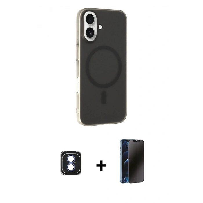 MARSİLYAN™- iPhone 16 Kılıf Çekirdek Modern Prime - Siyah 3D Antistatik Hayalet Cam Ekran Koruyucu + PVD Metal Kamera Lens - MI