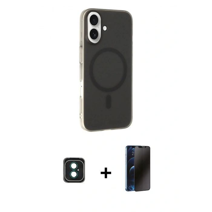 MARSİLYAN™- iPhone 16 Kılıf Çekirdek Modern Prime - Siyah 3D Antistatik Hayalet Cam Ekran Koruyucu + PVD Metal Kamera Lens - YL