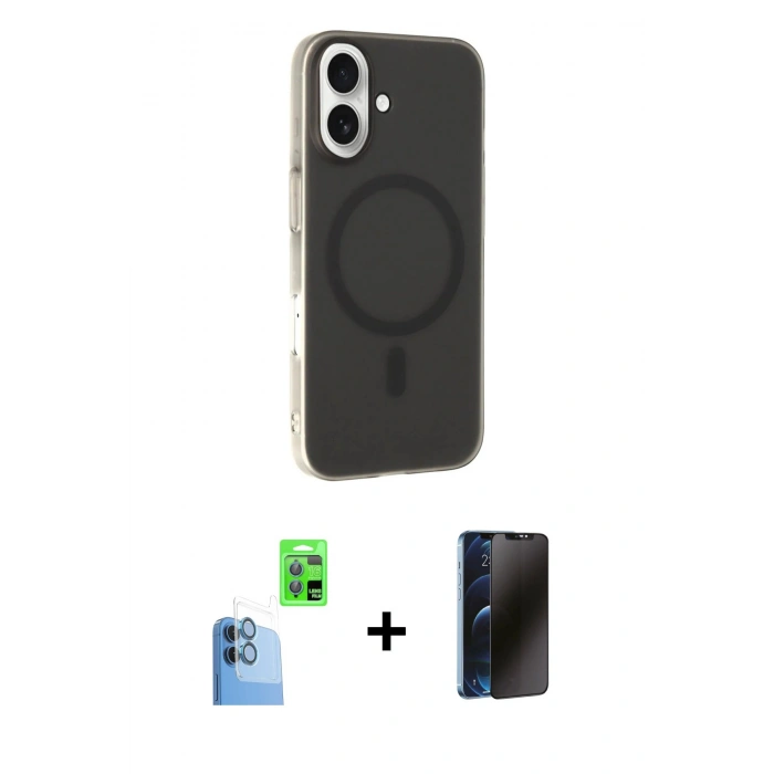 MARSİLYAN™- iPhone 16 Kılıf Çekirdek Modern Prime - Siyah 3D Antistatik Hayalet Cam Ekran Koruyucu + Raze Metal Kamera Lens - LT