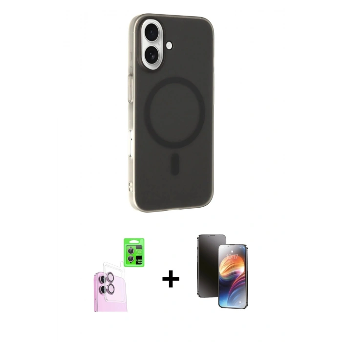 MARSİLYAN™- iPhone 16 Kılıf Çekirdek Modern Prime - Siyah 3D Antistatik Mat Seramik Nano Ekran Koruyucu + Raze Metal Kamera Lens - PE