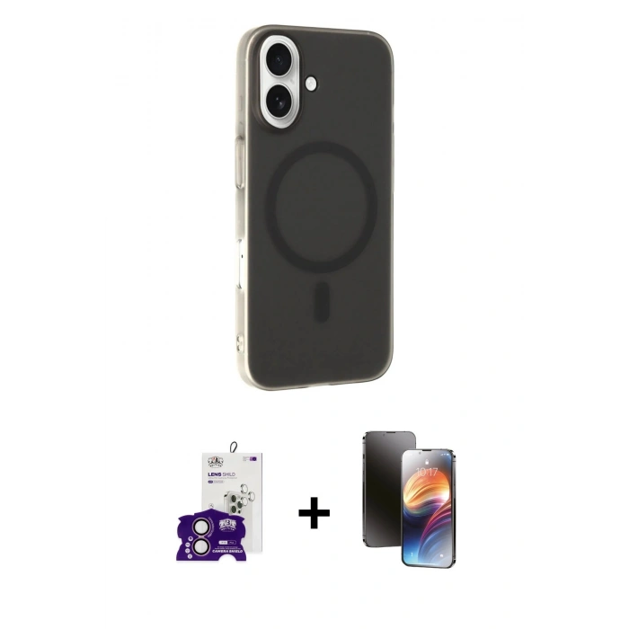 MARSİLYAN™- iPhone 16 Kılıf Çekirdek Modern Prime - Siyah 3D Antistatik Mat Seramik Nano Ekran Koruyucu + Bilvis Titan Kamera Lens - PE