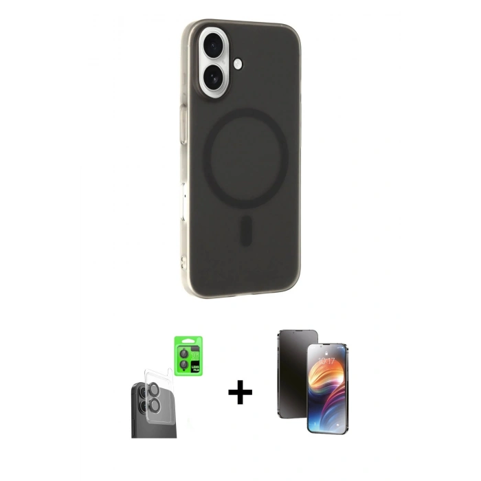 MARSİLYAN™- iPhone 16 Kılıf Çekirdek Modern Prime - Siyah 3D Antistatik Mat Seramik Nano Ekran Koruyucu + Raze Metal Kamera Lens - SH