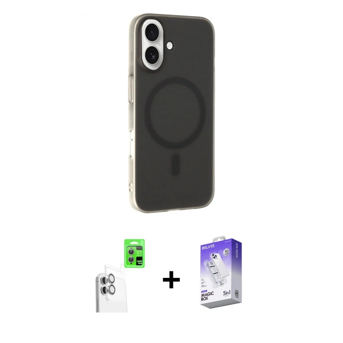 MARSİLYAN™- iPhone 16 Kılıf Çekirdek Modern Prime - Siyah Bilvis 5in1 3D Magic Cam Ekran Koruyucu + Beyaz Raze Metal Kamera Lens