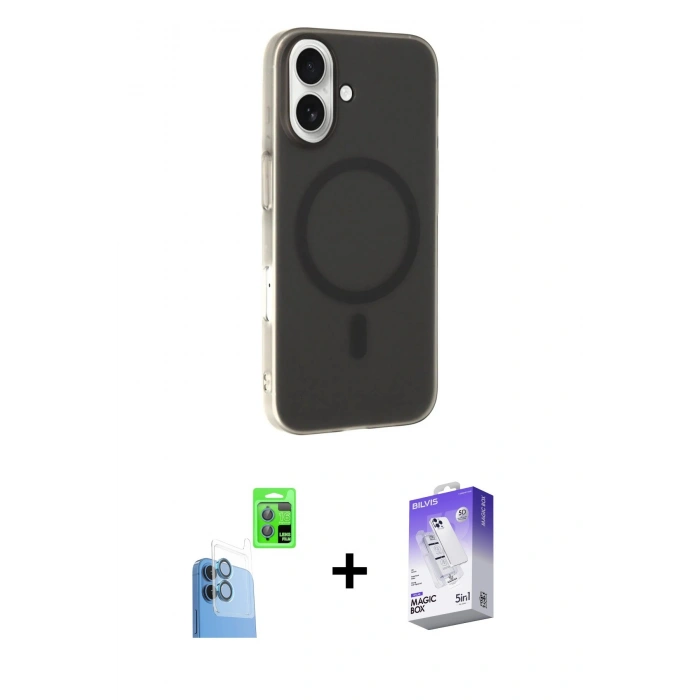 MARSİLYAN™- iPhone 16 Kılıf Çekirdek Modern Prime - Siyah Bilvis 5in1 3D Magic Cam Ekran Koruyucu + Lacivert Raze Metal Kamera Lens