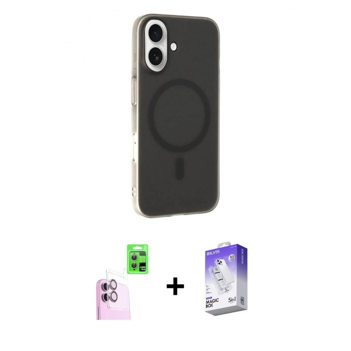 MARSİLYAN™- iPhone 16 Kılıf Çekirdek Modern Prime - Siyah Bilvis 5in1 3D Magic Cam Ekran Koruyucu + Raze Metal Kamera Lens - PE