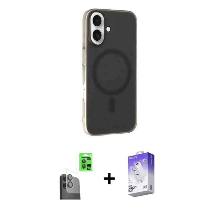 MARSİLYAN™- iPhone 16 Kılıf Çekirdek Modern Prime - Siyah Bilvis 5in1 3D Magic Cam Ekran Koruyucu + Siyah Raze Metal Kamera Lens