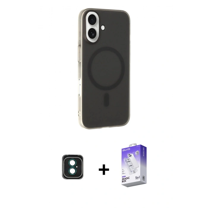 MARSİLYAN™- iPhone 16 Kılıf Çekirdek Modern Prime - Siyah Bilvis 5in1 3D Magic Cam Ekran Koruyucu + PVD Metal Kamera Lens - YL