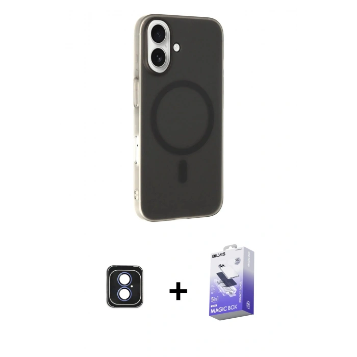 MARSİLYAN™- iPhone 16 Kılıf Çekirdek Modern Prime - Siyah Bilvis 5in1 5D Magic Hayalet Cam Ekran Koruyucu + Mavi PVD Metal Kamera Lens