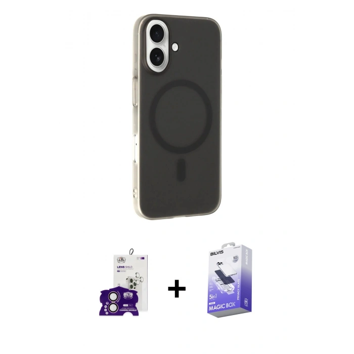MARSİLYAN™- iPhone 16 Kılıf Çekirdek Modern Prime - Siyah Bilvis 5in1 5D Magic Hayalet Cam Ekran Koruyucu + Bilvis Titan Kamera Lens - PE