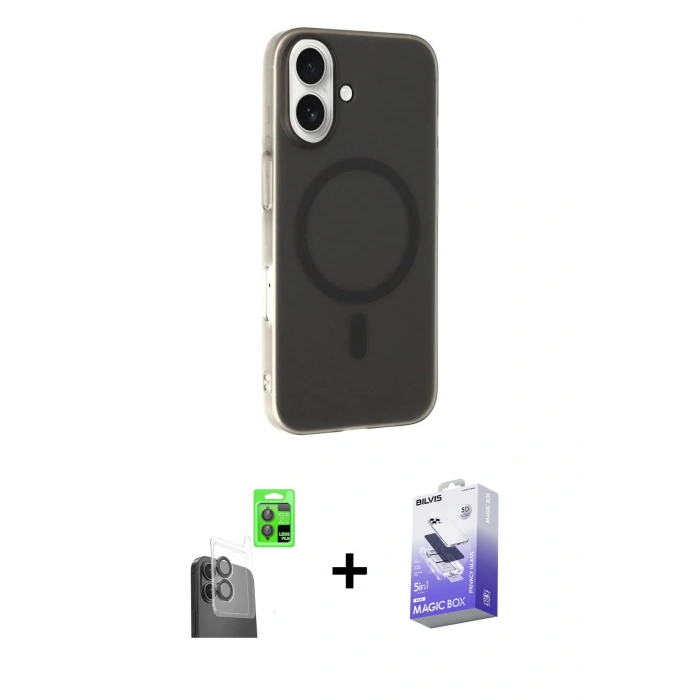 MARSİLYAN™- iPhone 16 Kılıf Çekirdek Modern Prime - Siyah Bilvis 5in1 5D Magic Hayalet Cam Ekran Koruyucu + Raze Metal Kamera Lens - SH