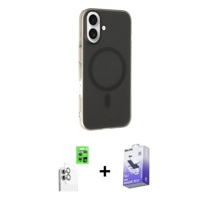 MARSİLYAN™- iPhone 16 Kılıf Çekirdek Modern Prime - Siyah Bilvis 5in1 5D Magic Hayalet Cam Ekran Koruyucu + Raze Metal Kamera Lens - BZ