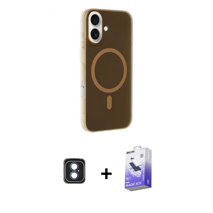 MARSİLYAN™- iPhone 16 Kılıf Çekirdek Modern Prime - Siyah Bilvis 5in1 5D Magic Hayalet Cam Ekran Koruyucu + Mavi PVD Metal Kamera Lens