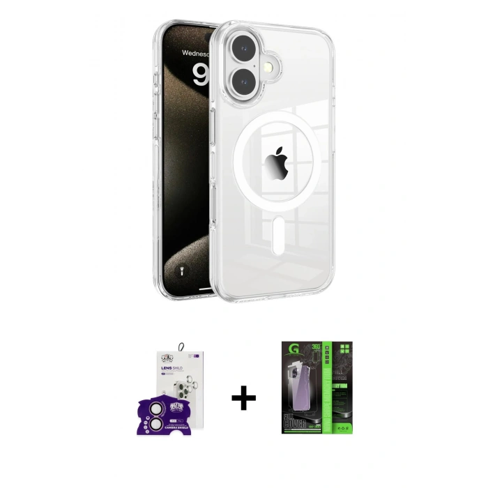 MARSİLYAN™- iPhone 16 Kılıf Doruk Doku Özel Seri - Şeffaf 360 Full Body Arka Koruyucu + Bilvis Titan Kamera Lens - PE