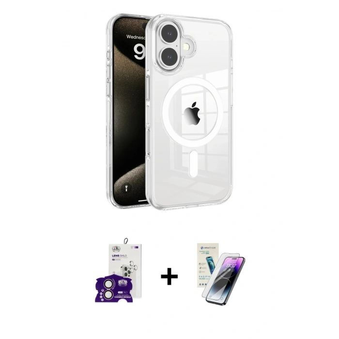 MARSİLYAN™- iPhone 16 Kılıf Doruk Doku Özel Seri - Şeffaf Pasifik Cam Ekran Koruyucu + Bilvis Titan Kamera Lens - PE