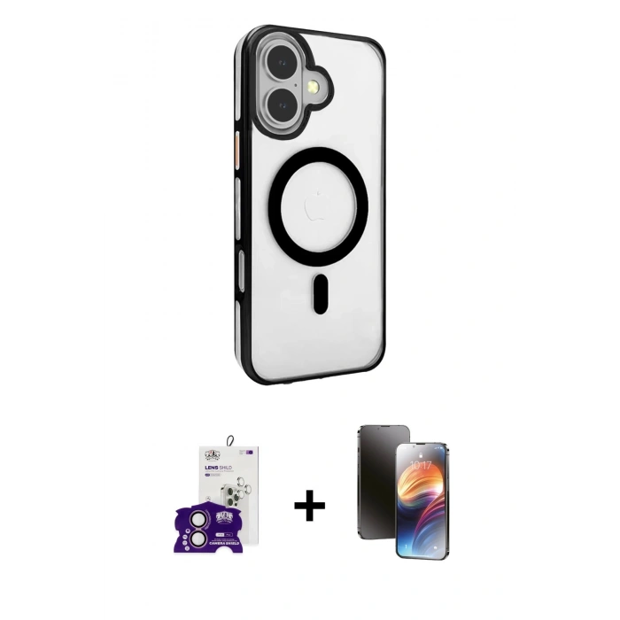MARSİLYAN™- iPhone 16 Kılıf Doruk Doku Özel Seri - Siyah 3D Antistatik Mat Seramik Nano Ekran Koruyucu + Bilvis Titan Kamera Lens - PE