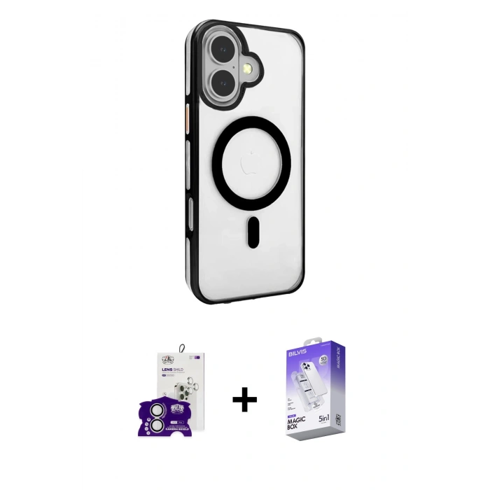 MARSİLYAN™- iPhone 16 Kılıf Doruk Doku Özel Seri - Siyah Bilvis 5in1 3D Magic Cam Ekran Koruyucu + Bilvis Titan Kamera Lens - GS