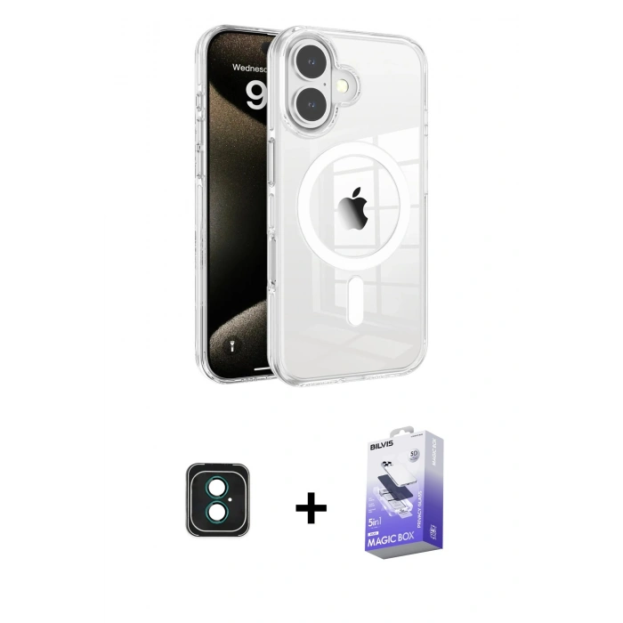 MARSİLYAN™- iPhone 16 Kılıf Doruk Doku Özel Seri - Siyah Bilvis 5in1 5D Magic Hayalet Cam Ekran Koruyucu + PVD Metal Kamera Lens - YL