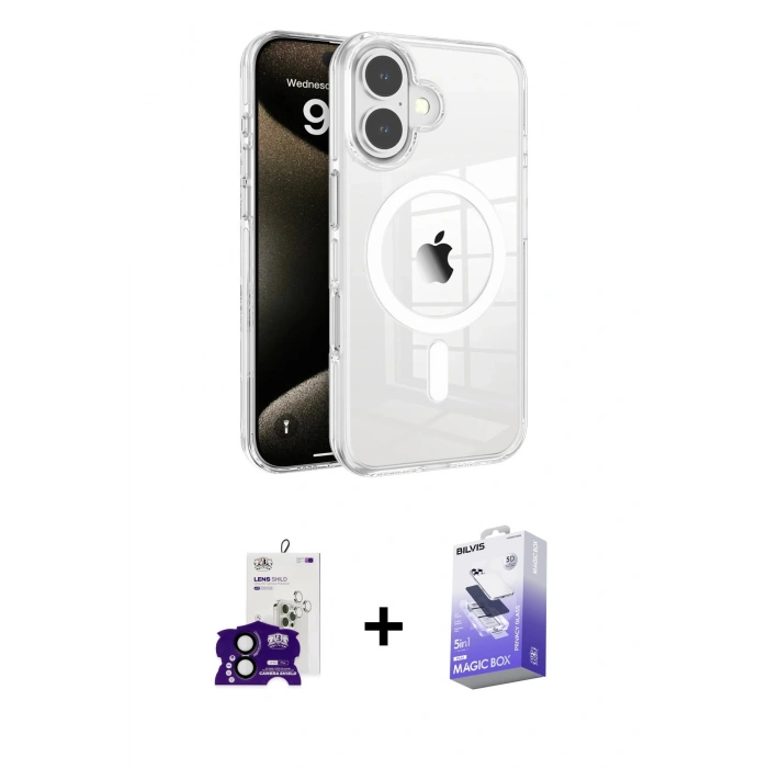 MARSİLYAN™- iPhone 16 Kılıf Doruk Doku Özel Seri - Siyah Bilvis 5in1 5D Magic Hayalet Cam Ekran Koruyucu + Bilvis Titan Kamera Lens - SH