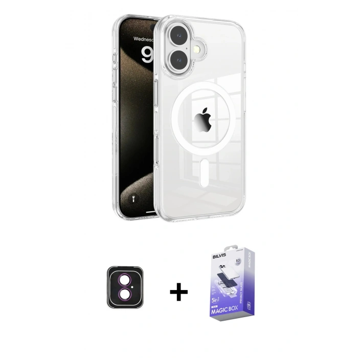 MARSİLYAN™- iPhone 16 Kılıf Doruk Doku Özel Seri - Siyah Bilvis 5in1 5D Magic Hayalet Cam Ekran Koruyucu + PVD Metal Kamera Lens - PE