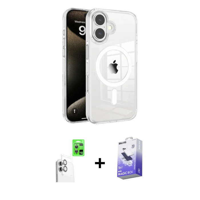 MARSİLYAN™- iPhone 16 Kılıf Doruk Doku Özel Seri - Siyah Bilvis 5in1 5D Magic Hayalet Cam Ekran Koruyucu + Raze Metal Kamera Lens - BZ
