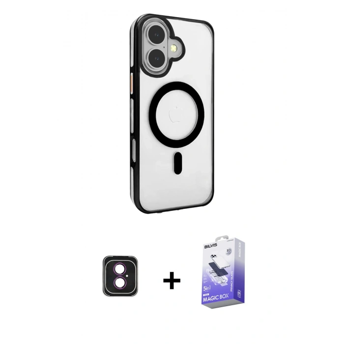 MARSİLYAN™- iPhone 16 Kılıf Doruk Doku Özel Seri - Siyah Bilvis 5in1 5D Magic Hayalet Cam Ekran Koruyucu + PVD Metal Kamera Lens - PE