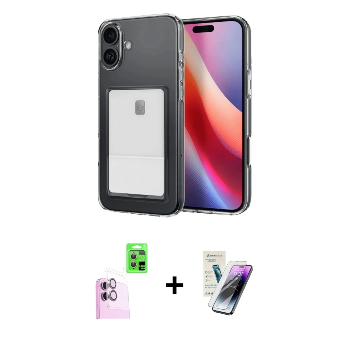MARSİLYAN™- iPhone 16 Kılıf Doruk Klasik Koleksiyonu - Şeffaf Pasifik Cam Ekran Koruyucu + Raze Metal Kamera Lens - PE