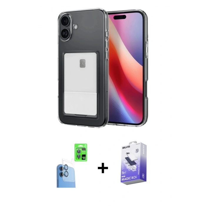 MARSİLYAN™- iPhone 16 Kılıf Doruk Klasik Koleksiyonu - Siyah Bilvis 5in1 5D Magic Hayalet Cam Ekran Koruyucu + Raze Metal Kamera Lens - LT