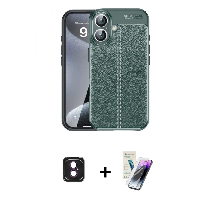 MARSİLYAN™- iPhone 16 Kılıf Doruk Klasik Özel Seri - Şeffaf Pasifik Cam Ekran Koruyucu + PVD Metal Kamera Lens - PE