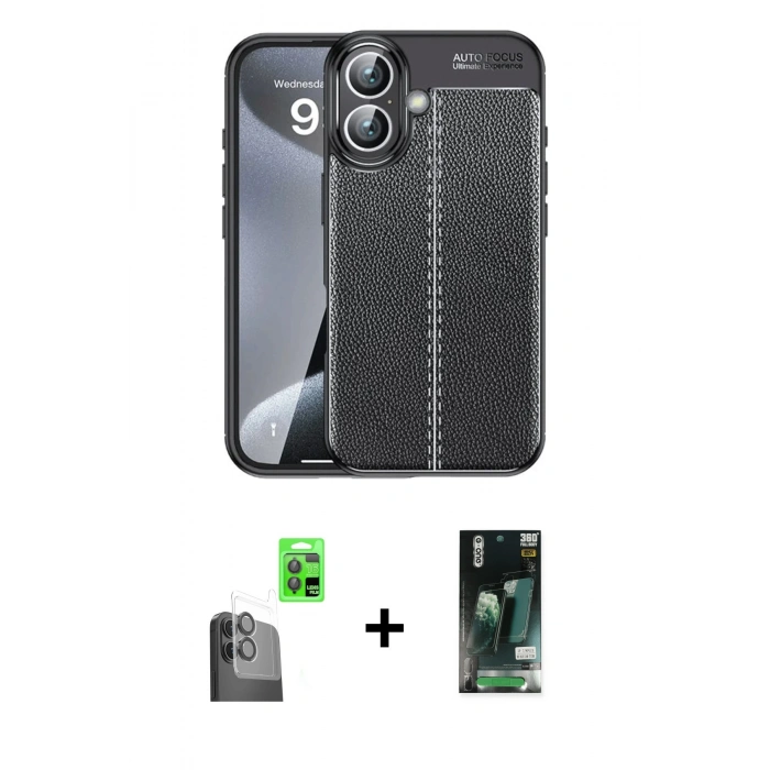 MARSİLYAN™- iPhone 16 Kılıf Doruk Klasik Özel Seri - Siyah 360 Mat Full Body Arka Koruyucu + Raze Metal Kamera Lens - SH