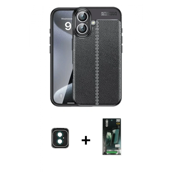 MARSİLYAN™- iPhone 16 Kılıf Doruk Klasik Özel Seri - Siyah 360 Mat Full Body Arka Koruyucu + PVD Metal Kamera Lens - YL